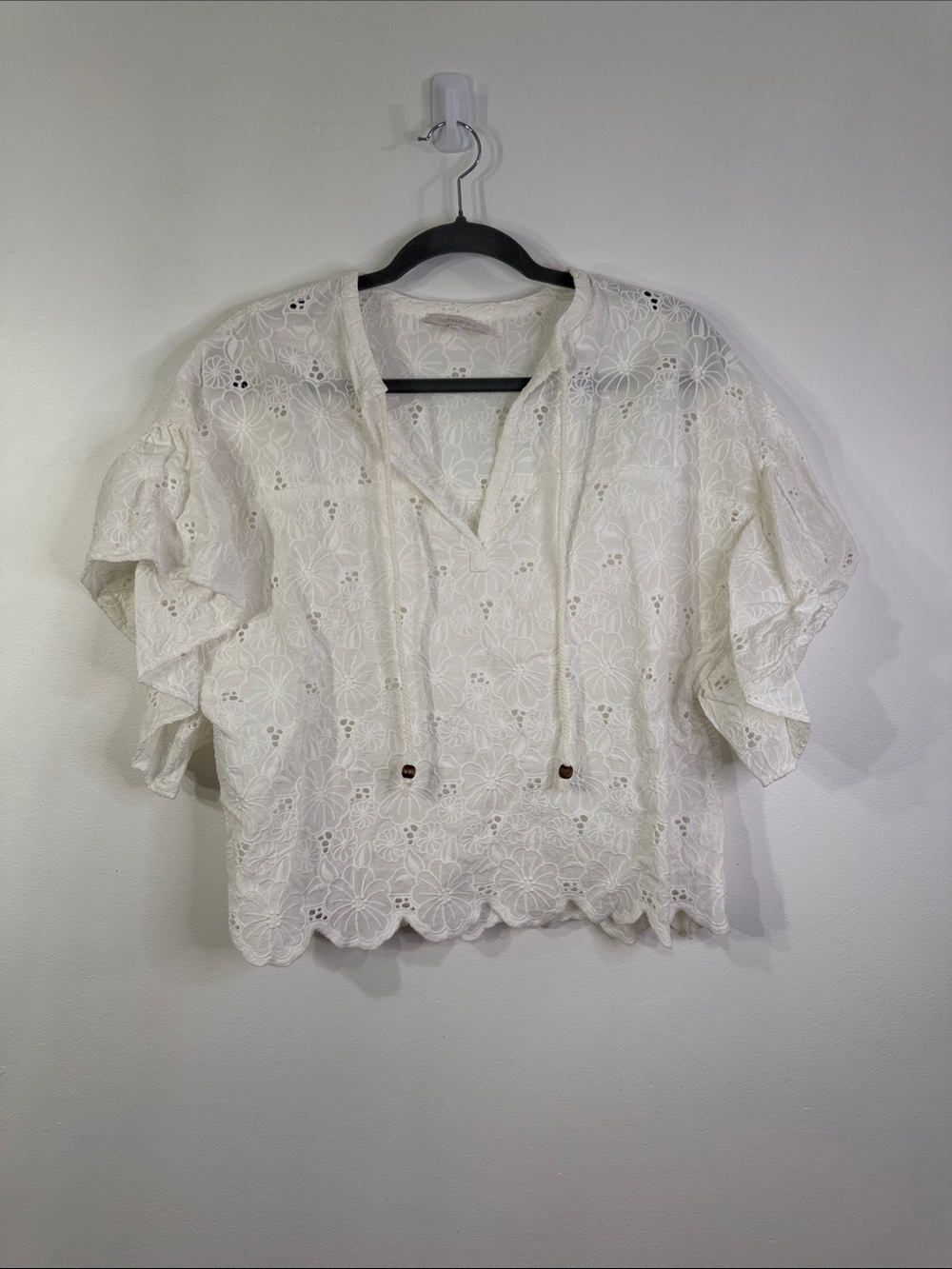Olivaceous Floral Embroidered Cotton Eyelet Ruffled Sleeve Blouse